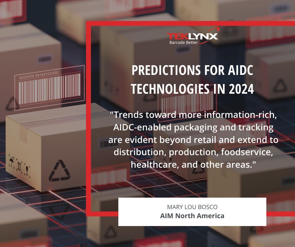 TEKLYNX's tweet image. Mary Lou Bosco, CEO of @AIM_Inc_, predicts a transformative year for #AIDC technologies, revealing new industry demands and regulatory shifts. Explore our blog for more details: bit.ly/3GQhdXJ

#RFID #2024trends #supplychain #labeling #labelprinting #regulatorycompliance