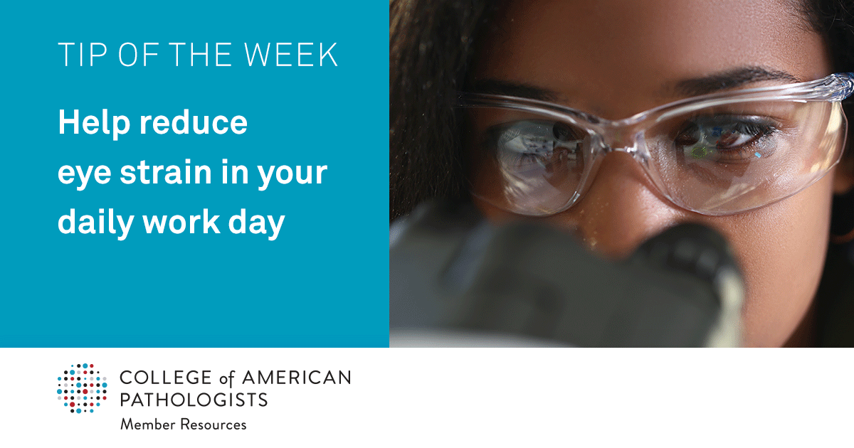 Pathologists's tweet photo. #TipOfTheWeek: Learn how the 20/20/20 rule, light adjustment, and computer monitor distance can combat eye strain and keep your eyes healthy for a happy and productive workday and career. #CAPNIPC 

Learn more - https://t.co/BcwZePh5sj https://t.co/A7gL8PWjXJ
