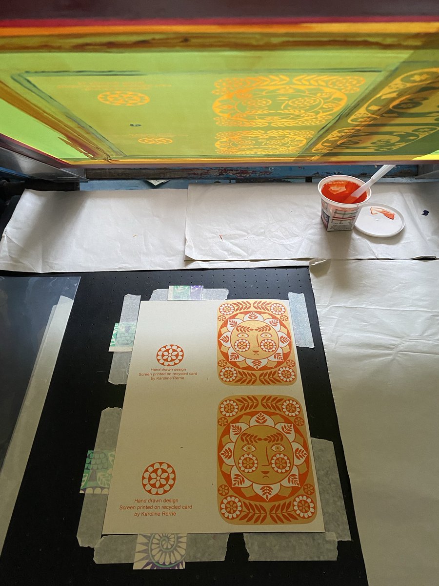 KarolineRerrie's tweet photo. Been putting this job off since 2023! These sun cards take so long because it’s always difficult to register the orange layer properly. Anyway today I #screenprinted another 120 so hopefully they won’t need reprinting for a while! #handprintedcards https://t.co/UL3Ct5so9n