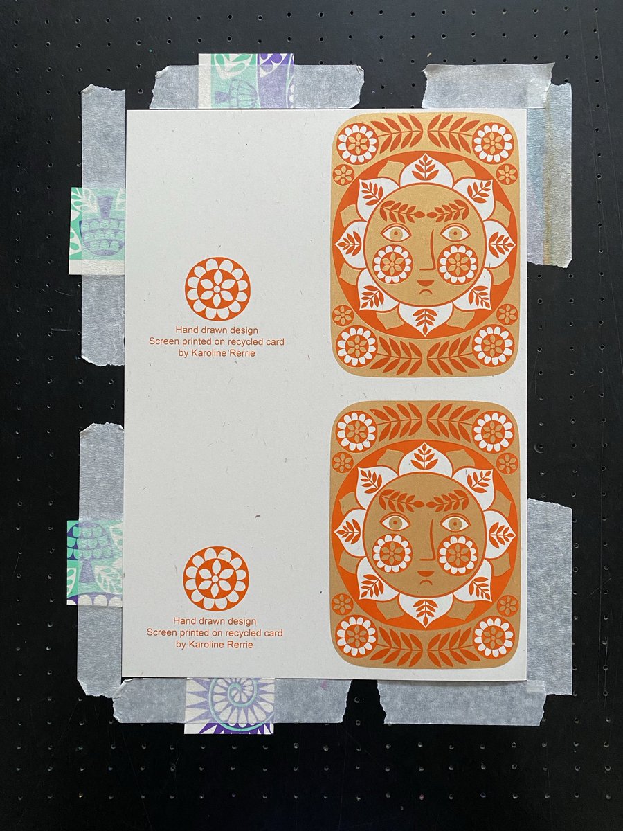 KarolineRerrie's tweet photo. Been putting this job off since 2023! These sun cards take so long because it’s always difficult to register the orange layer properly. Anyway today I #screenprinted another 120 so hopefully they won’t need reprinting for a while! #handprintedcards https://t.co/UL3Ct5so9n