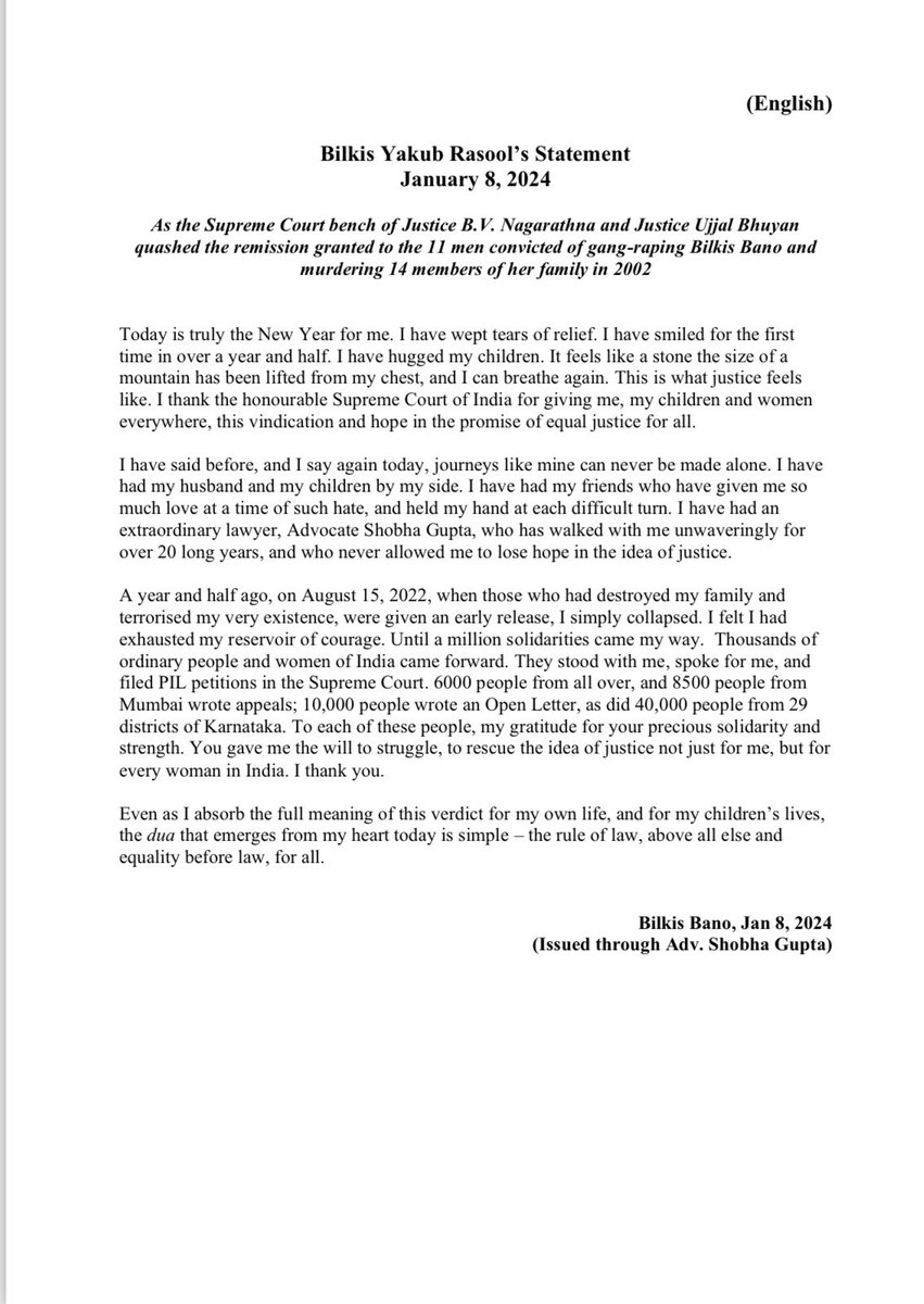 Bilkis’ statement after the Supreme Court verdict : “Even as I absorb the full meaning of this verdict for my own life, &amp; for my children’s lives,
the dua that emerges from my heart today is simple – the rule of law, above all else and equality before law, for all.” 
#Bilkis Bano
