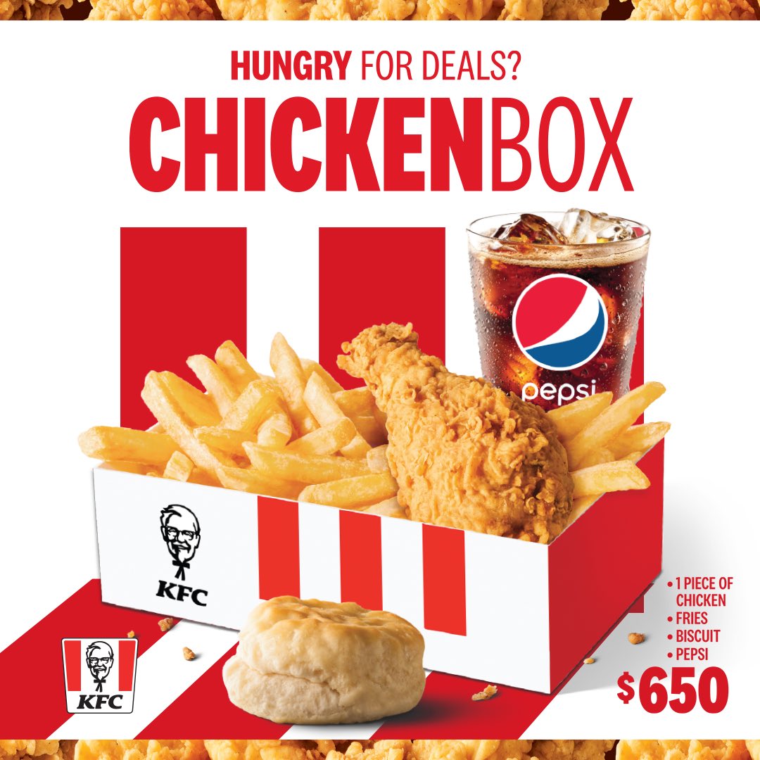 kfcjamaica's tweet photo. Hungry for deals this lunchtime? Grab a KFC Chicken Box Combo for a finger licking’ good lunch! 😋
Bite into a piece of your favourite KFC chicken and enjoy crispy fries, a fluffy biscuit and a refreshing Pepsi this lunchtime!
#KFC #KFCJamaica #HungryForDeals #KFCChickenBox https://t.co/rce39meNaC