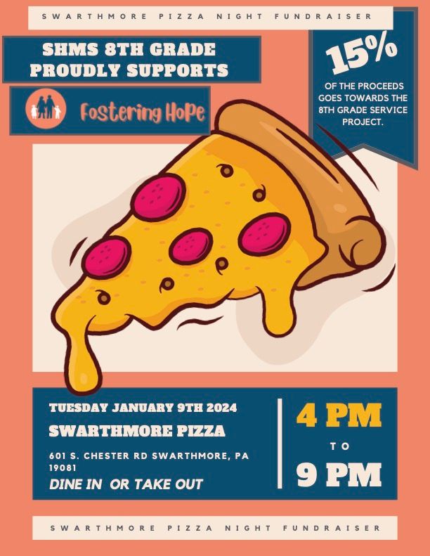 HsaShms's tweet photo. Tomorrow night is the fundraiser for the 8th Grade service project: Fostering hope. Come out to Swarthmore Pizza for food and skip out on having to clean the dishes. https://t.co/kb8VePXGxE