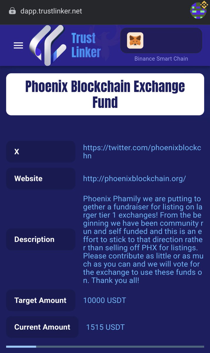 Our fundraiser for PHX listing on a larger exchange is heating up! Team has put some in as well as community members :)

dapp.trustlinker.net/cause-details/1

#phx #Community #Web3 #Fundraiser