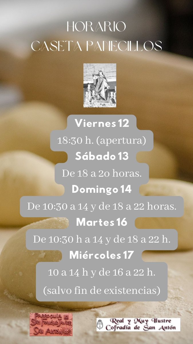 SanAntonCofrad's tweet photo. ¿Has visto los horarios para llevarte uno de nuestros tradicionales 🍞panecillos de San Antón?
⏰ Desde este viernes 12 a las 18:30 h.
🌏 Caseta frente a nuestra ermita⛪️
📆Hasta el miércoles 17
🚨El horario puede verse afectado por cuestiones organizativas y una alta demanda🚨 https://t.co/ISz6zvCGzH