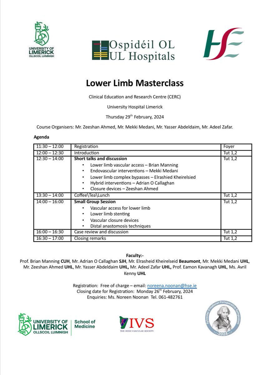 Save the Date - 29 Feb 2024 Lower Limb Masterclass at Sylvester O Halloran 2024 @RCSI_Irl @ULHospitals @UL @VSGBI