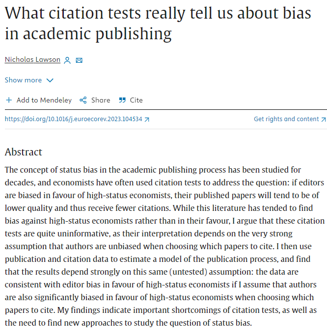 MishaTeplitskiy's tweet photo. Using citations to test status bias in publishing is problematic because citations are (almost surely) status biased
https://t.co/wD6sRExB4e https://t.co/ZitWftnmro