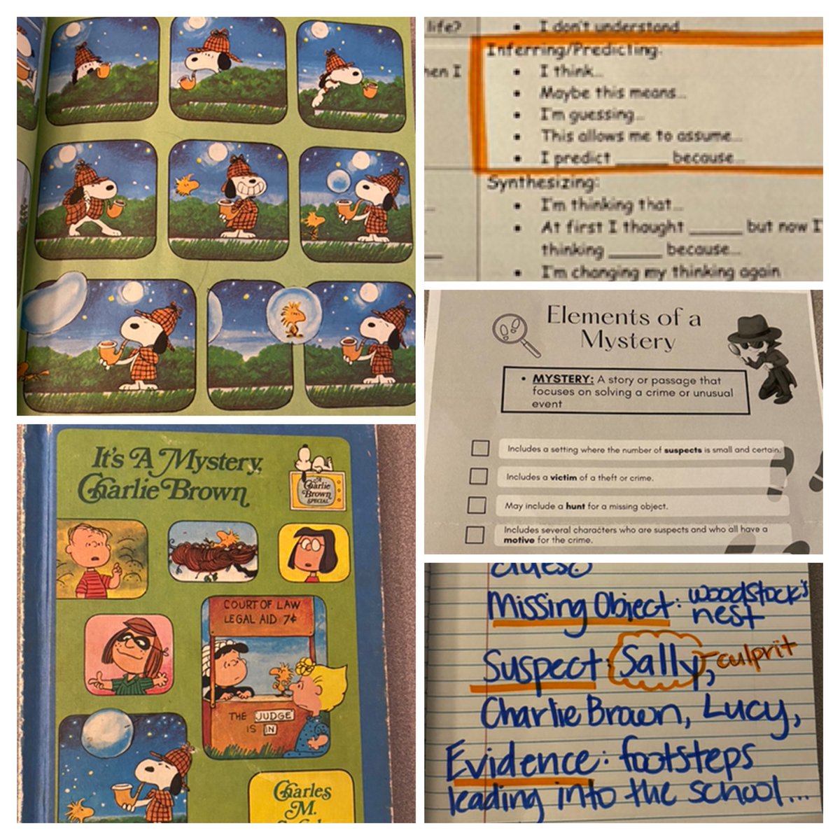 LJohnsonTeacher's tweet photo. Kicking off our Mystery Unit with Snoopy! Using our Thinking Stems and Elements of a Mystery to help us identify the culprit! Creating our Detective Files! @3TrailsTigers @ISDSchools #isdstrong #kcedu #MYSTERY https://t.co/Hs7L8gJPbz