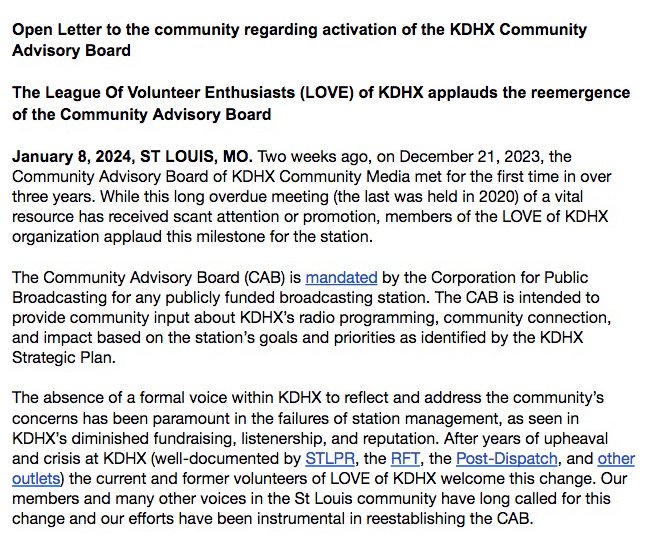 roykasten's tweet photo. Open letter from LOVE of KDHX on the Community Advisory Board of @kdhx (spoiler: we think it's about time!) Read and share! https://t.co/7MILxOkujt