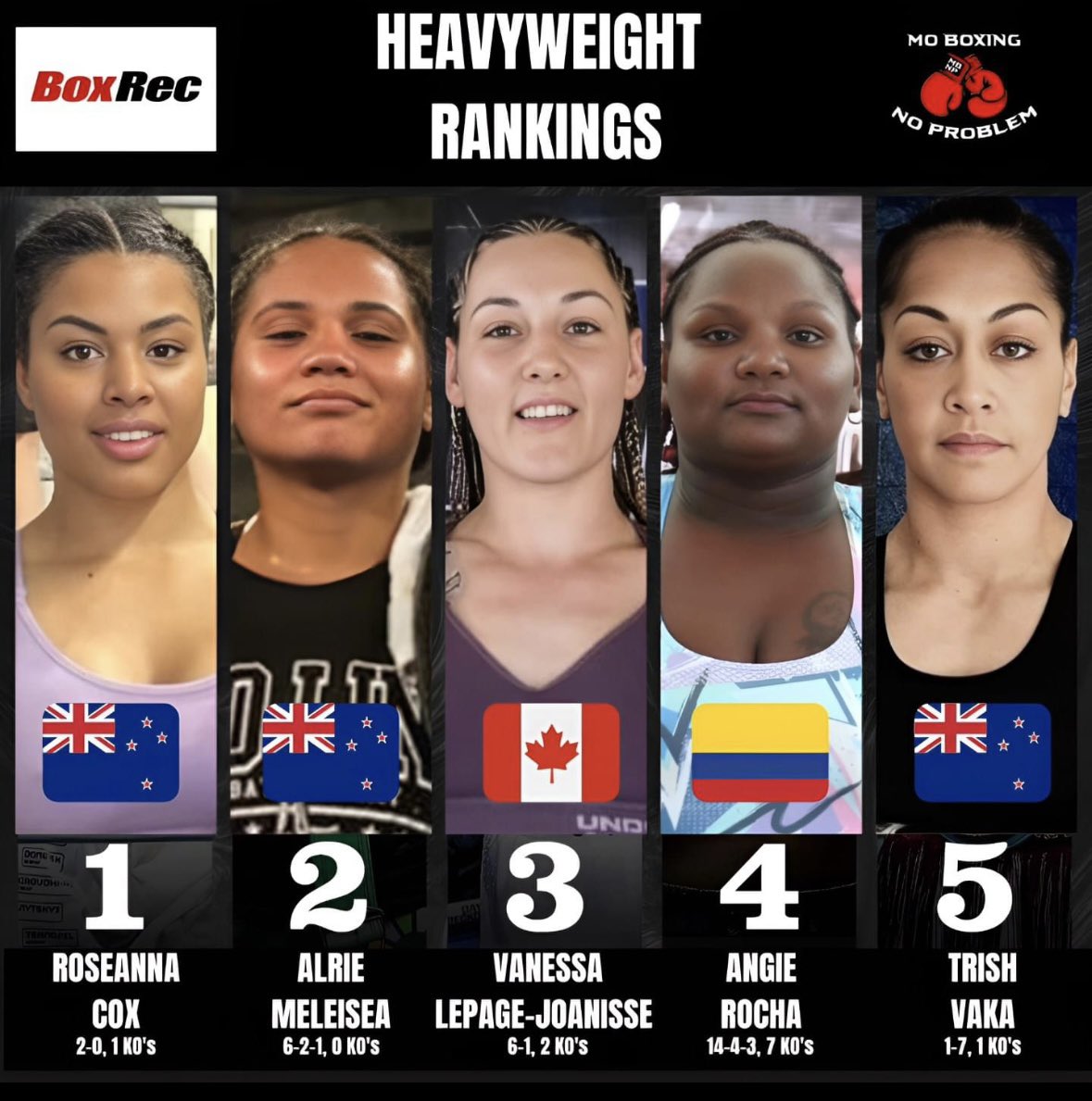 MoBoxingNP's tweet image. These are the top 5 women’s heavyweight fighters, according to BoxRec, entering 2024 🥊

#boxing #fighters #boxingfighter #boxingfighters #heavyweight #heavyweightboxing #roseannacox #ukraineboxing #ukboxing #newzealandboxing #canadianboxing #fighthype #boxinghype #boxrec