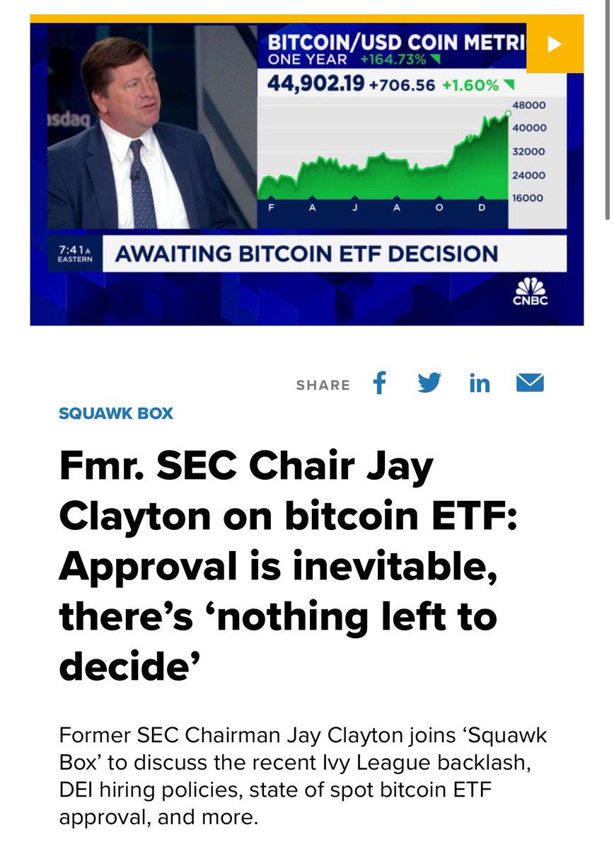 RichQuack's tweet photo. 🚨 BREAKING NEWS: 🇺🇸 Ex-SEC Chair Jay Clayton declares that the approval of a spot #Bitcoin ETF is unavoidable, stating "all decisions have been made." 🔥 https://t.co/Rp7zAduwE4