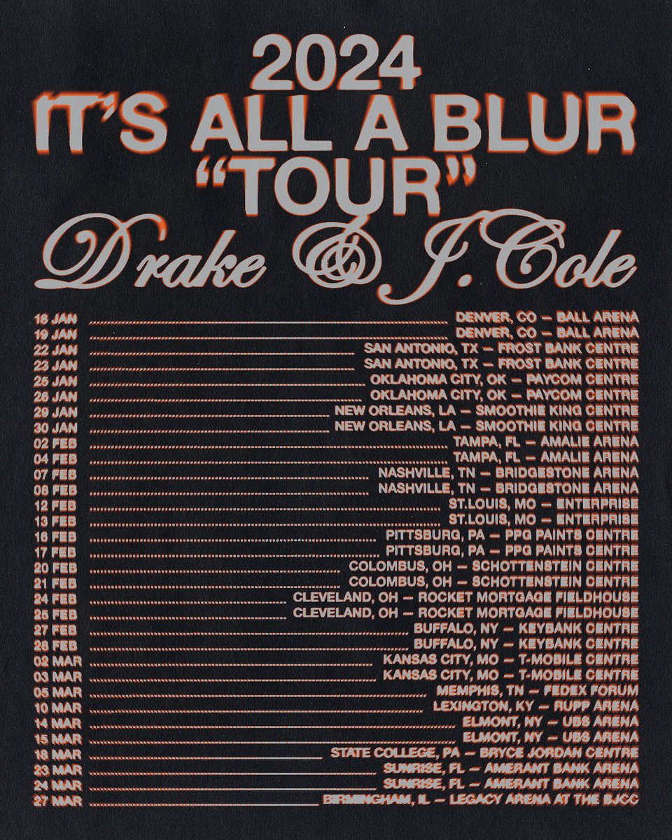 StudioN6VMBR's tweet photo. It's All A Blur Tour by Drake &amp; J.Cole

Concept, Art Direction &amp; Design by Studio N6VMBR©

[2024]

#BigAsTheWhat #Drake #JCole #ItsAllABlur #FlyerDesign https://t.co/66Nai7K6HW