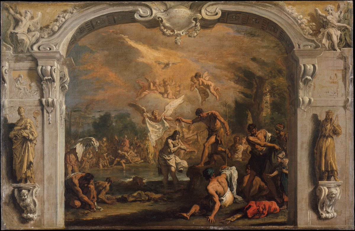 'The Baptism of Christ', c.1714
Sebastiano Ricci, Italian
Decoration of a wall in the Duke of Portland's chapel at Bulstrode House, Gerrards Cross, Buckinghamshire, England

#Baptism #BaptismofChrist #BaptismoftheLord #StJohntheBaptist #JordanRiver #art #painting #SebastianoRicci