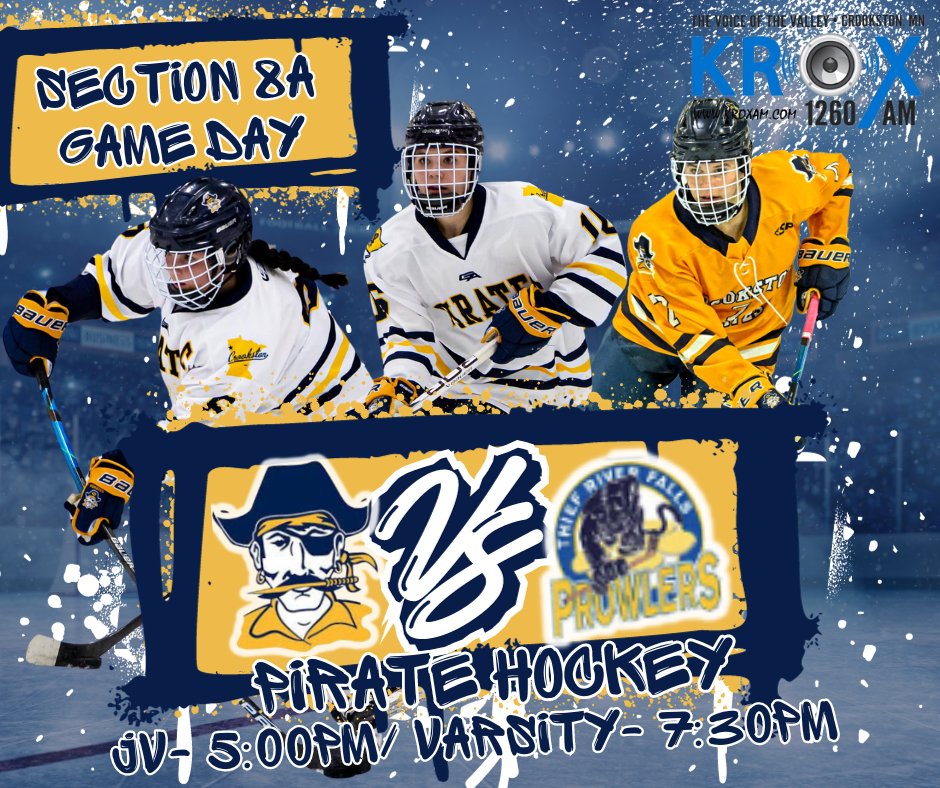 Pirates take on the Thief River Falls Prowlers tonight in a Section 8A match up at the Crookston Sports Center. Let's get 'em Pirates. #AllAboard #RollPirates

JV- 5:00pm
Varsity- 7:30pm

Tune in to <a href="/KROXRADIO/">KROX Radio</a> YouTube channel to watch the game live. Or listen live on KROX