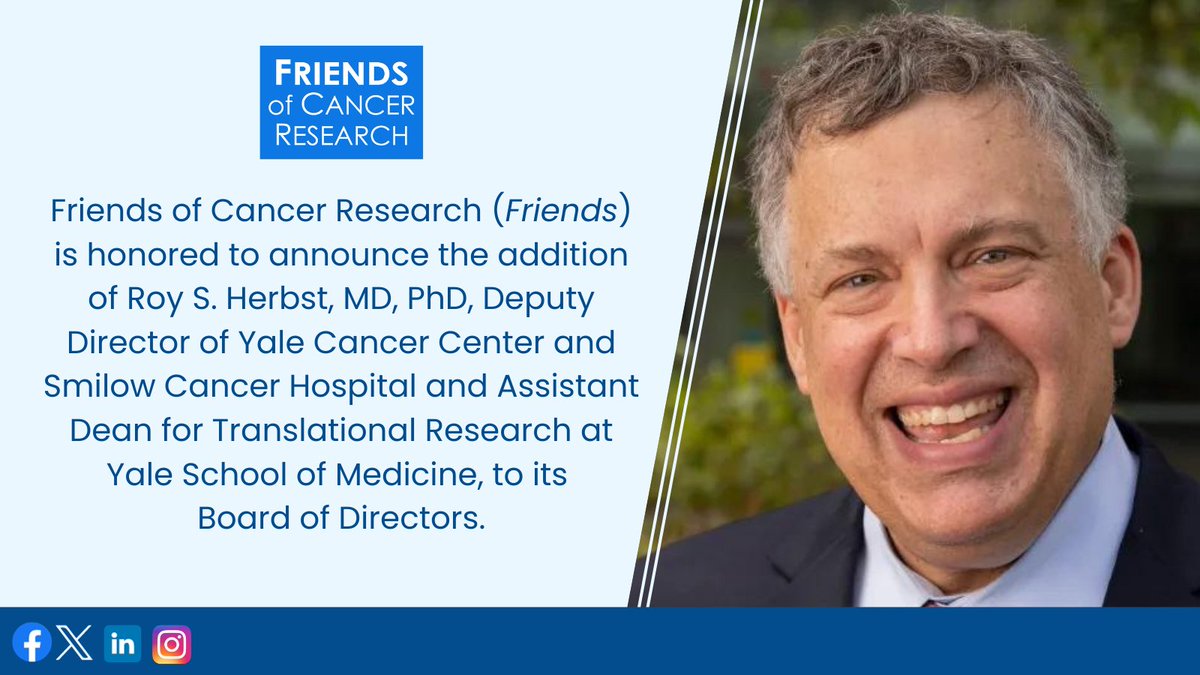 @CancerResrch is excited to announce the addition of @DrRoyHerbstYale to our board of directors. “I am honored to have the opportunity to work more closely together with the leadership of Friends.' Read Friends statement here: bit.ly/48LlZl3 @YaleCancer @SmilowCancer