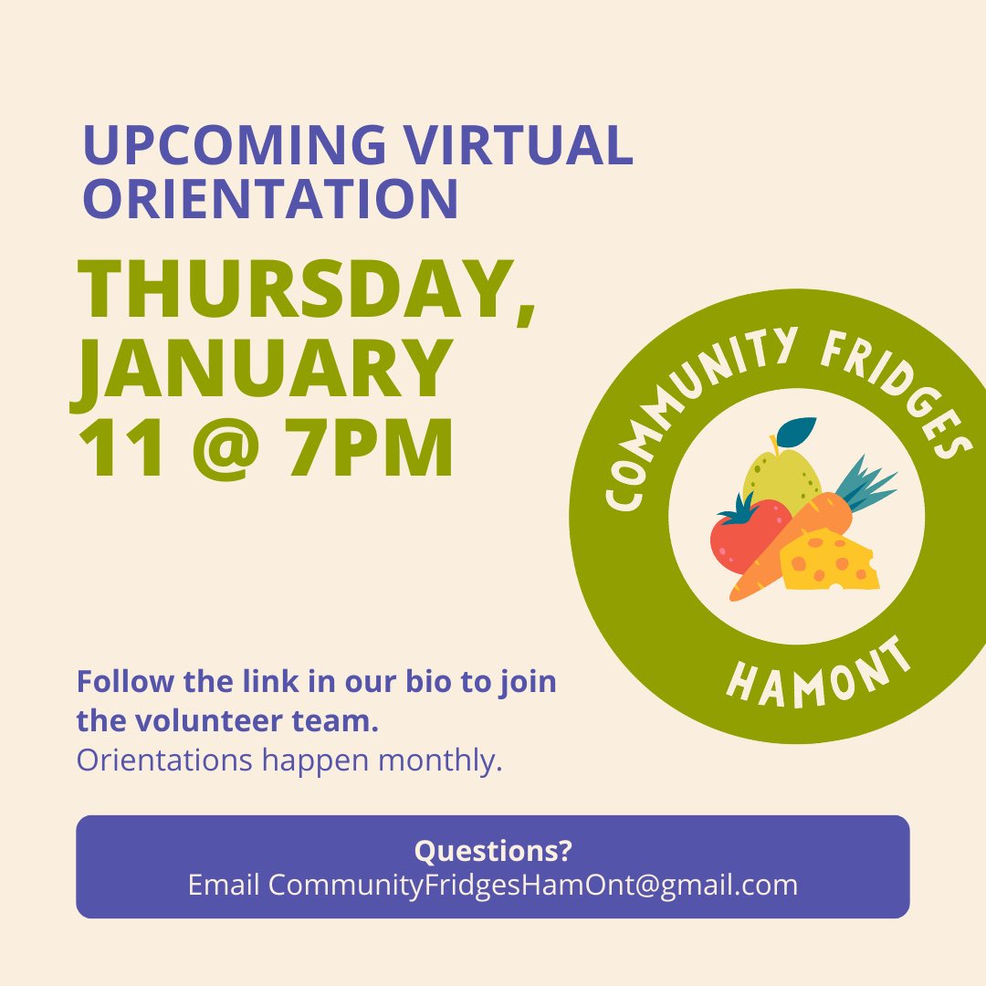 #HamOnt: Want to help out with the Crown Point community fridge? We host monthly virtual orientations. Join us this Thursday at 7PM. To attend, click “Volunteer with Us” (you’ll then join us on Slack) & see details in our “volunteer-support” chat. linktr.ee/cf_hamont
