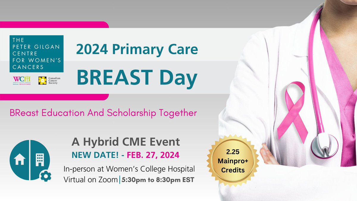 WCHospital's tweet photo. Are you a #PrimaryCare provider?
Join us to learn more about best practices in the screening, diagnosis, treatment, surveillance, and survivorship of #BreastHealth concerns, including #BreastCancer. #BCSM #CME #Mainpro+ #CPD
View agenda and register → https://t.co/v0jQkOJYVr https://t.co/tChHyhTlpt