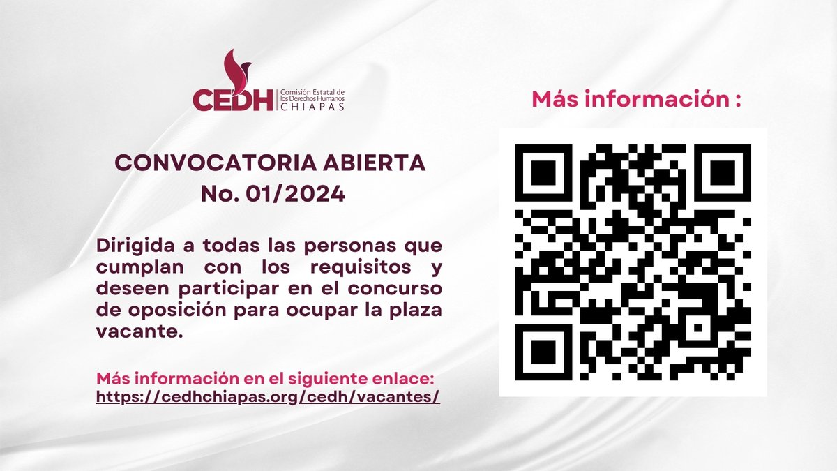CEDHChiapas's tweet image. CONVOCATORIA ABIERTA

La #CEDHChiapas abre convocatoria.
A todas las personas que cumplan con los requisitos y deseen participar en el concurso de oposición para ocupar la plaza vacante.

👇Mas información: cedhchiapas.org/cedh/vacantes/