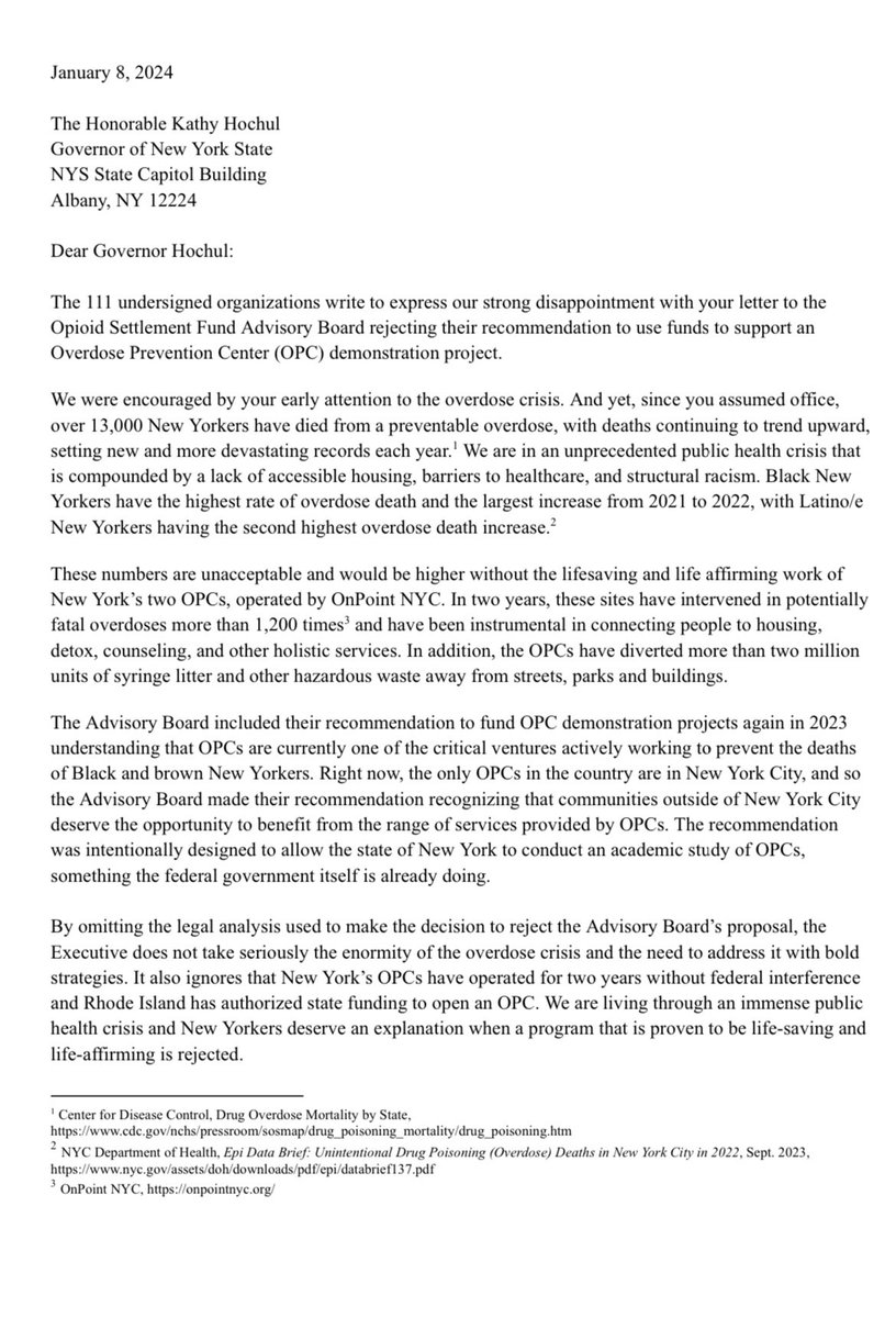 VOCALNewYork's tweet photo. TODAY: 100+ organizations delivered a letter to @GovKathyHochul demanding expansion of Overdose Prevention Centers.

With 18 NYers dying everyday from preventable overdoses, we cannot allow politics to block lifesaving solutions. 

Read the letter: https://t.co/HM8WIC9lwS https://t.co/elVsSczsbH