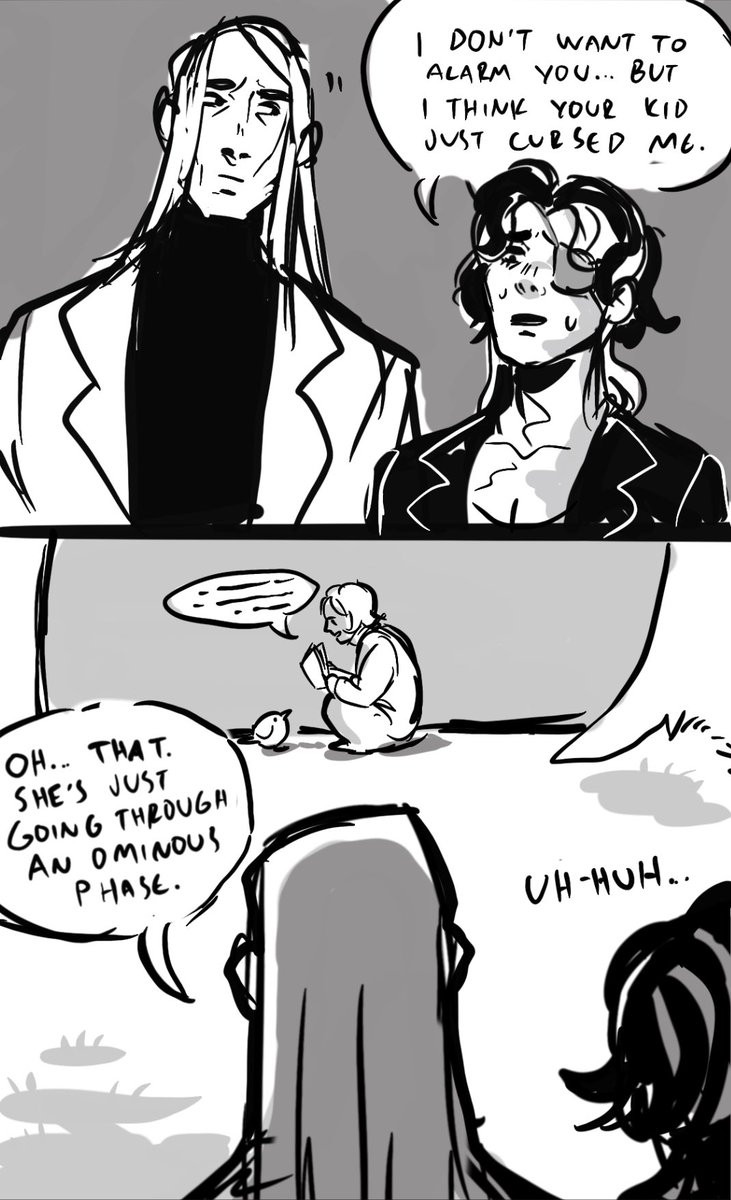 Lepraton's tweet photo. I don’t usually do comics but this scenario made me laugh. Poppy’s daughter Dandelion is having a very ominous phase. Cool aunt Minami @finnterlands is perturbed https://t.co/rDGE7uFtWU