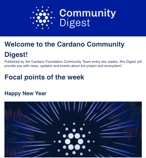 Cardano's tweet photo. In case you missed it, our recent Community Digest is out, including updates from @IagonOfficial, @buidler_fest, @RosenBridge_erg, and more.

If you are interested in receiving the Community Digest in the future directly via email, please sign-up here: https://t.co/FLKNnPqUNV https://t.co/ZOS86EQUho