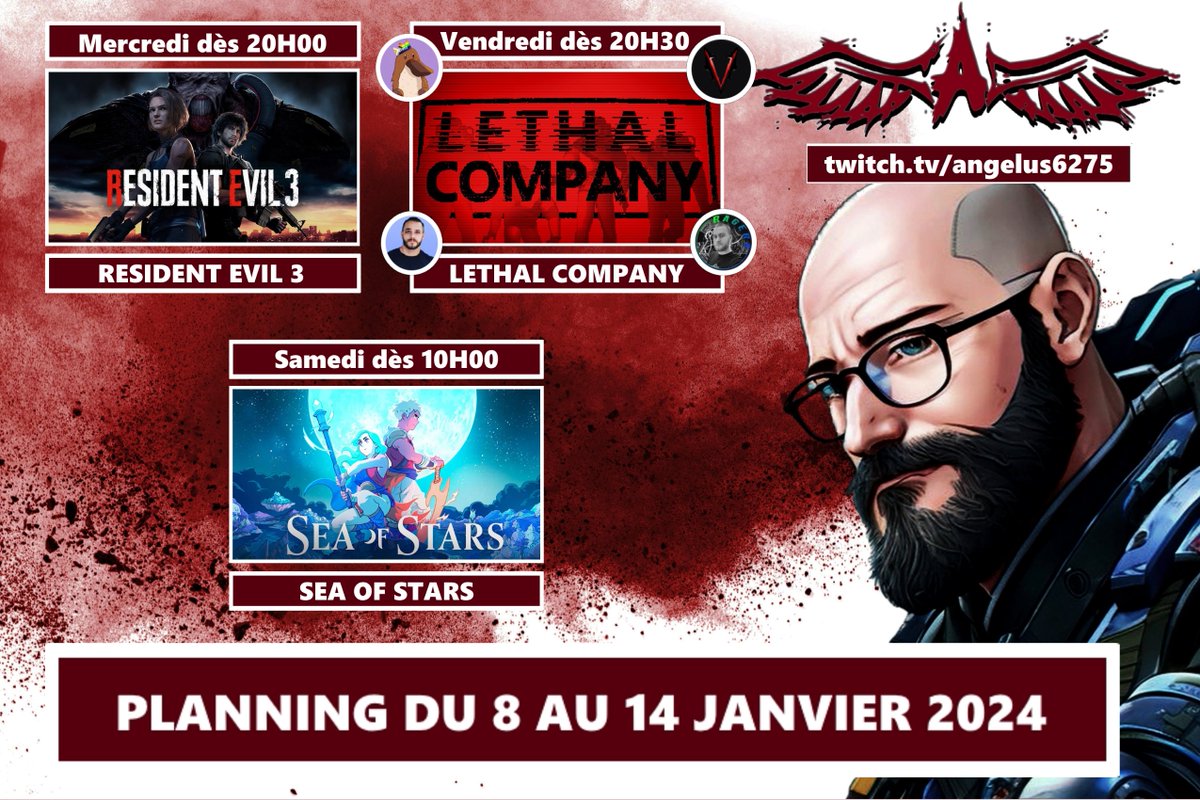 Et voici les copains le planning  pour la semaine du 08 au 14/01/2024.

Petite soirée spéciale sur #lethalcompany avec nos amis @Pilou_Live , <a href="/Volyp/">Romain Volyp L.</a> , <a href="/_Ragers_/">Ragers</a> et <a href="/Labsytv/">Labsy 🌈🍉</a> . 
Fous rires en vue !

Prenez bien soin de vous et je vous dis a bientôt sur twitch.tv/angelus6275