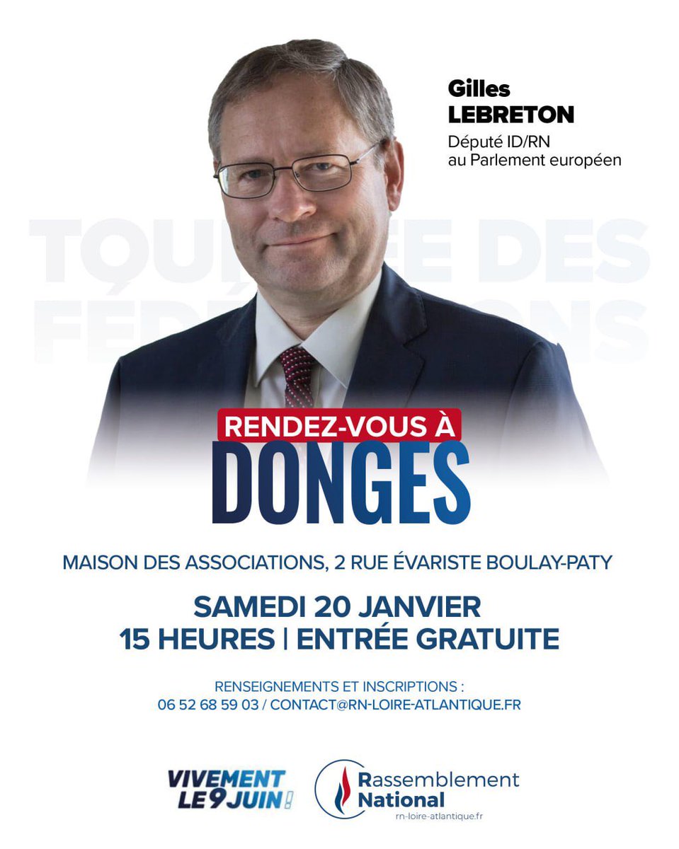 Le député européen, @Gilles_Lebreton sera présent à Donges, samedi 20 janvier 2024.

N’hésitez pas à vous renseigner ou à vous y inscrire !

#RN #RassemblementNational #MarineLePen #Bardella