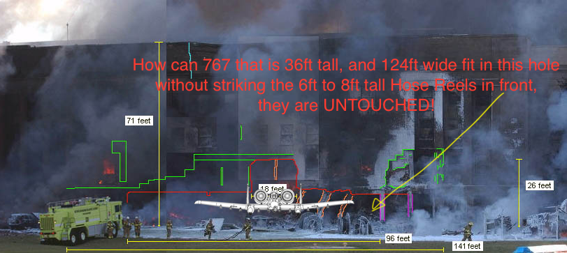 WilliamWWarwick's tweet photo. How does a 767 fit into this hole? WITHOUT striking the 8 ft tall hose reels in front?  It's IMPOSSIBLE for this to be true. An A-10 High engine mount PERFECTLY matches the 18ft wide hole. There is no way a 767 did this, it just doesn't fit without hitting the reels. #911truth https://t.co/xoUr2jT0EF
