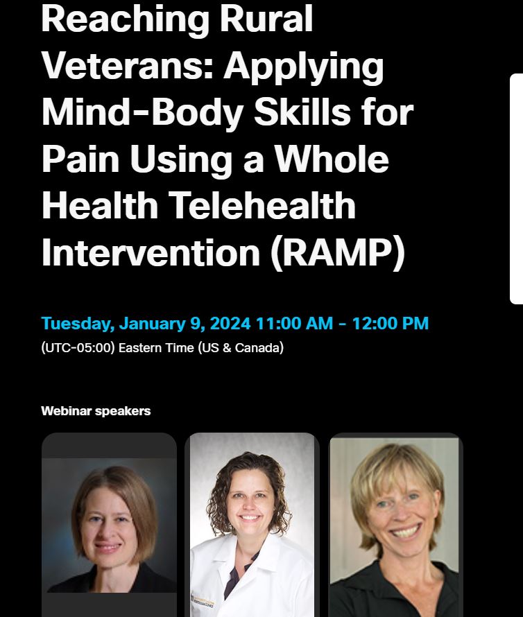 Please join tomorrow, 1/9/24, as Drs. Diana Burgess and colleagues present the @vahsrd SoPM on their latest Rural Veterans Health research (RAMP) @VAResearch @NIH_NCCIH @umn_dom @UMNews @MPLS_CCDOR @VA_EXTEND_QUERI #varesearch Register Here: hsrd.research.va.gov/cyberseminars/