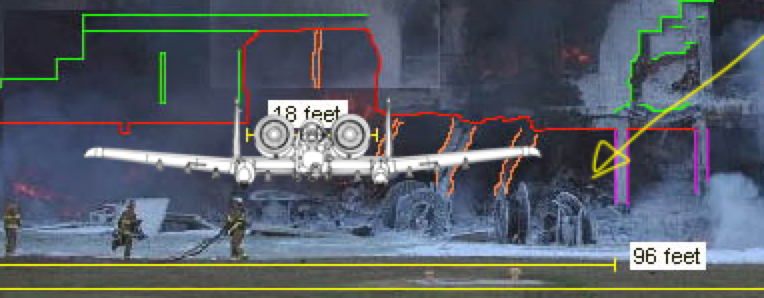 WilliamWWarwick's tweet photo. How does a 767 fit into this hole? WITHOUT striking the 8 ft tall hose reels in front?  It's IMPOSSIBLE for this to be true. An A-10 High engine mount PERFECTLY matches the 18ft wide hole. There is no way a 767 did this, it just doesn't fit without hitting the reels. #911truth https://t.co/xoUr2jT0EF