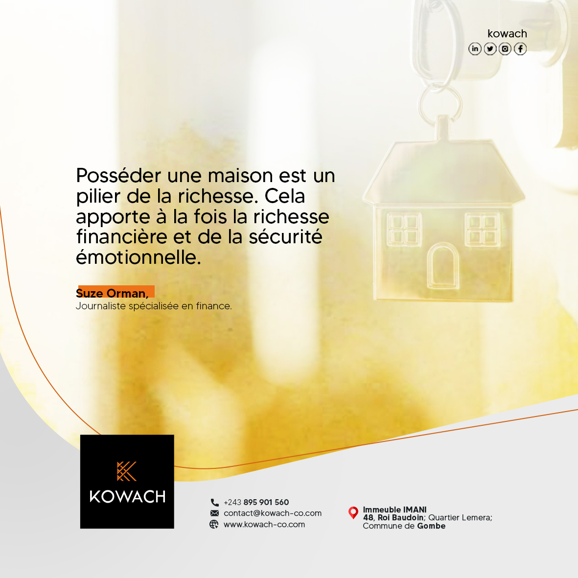 Kowach_co's tweet photo. « Posséder une maison est un pilier de la richesse. Cela apporte à la fois la richesse financière et de la sécurité émotionnelle. »

Suze Orman, journaliste spécialisée en finance

#kowach #gestionlocative #immobilier https://t.co/wqQs1OMzRZ