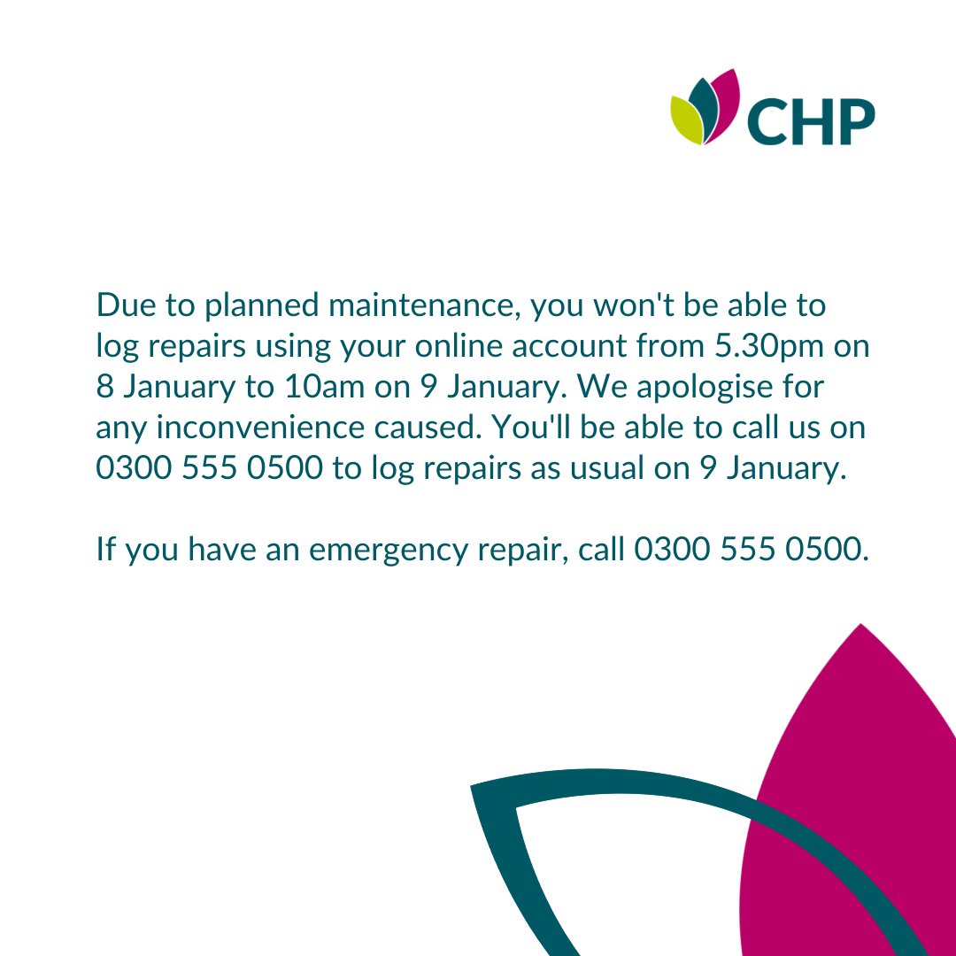 CHPhomes's tweet photo. Due to planned maintenance, you won't be able to log repairs using your online account from 5.30pm on 8 January to 10am on 9 January. We apologise for any inconvenience caused. (1/2) https://t.co/qUwHJcvA4d