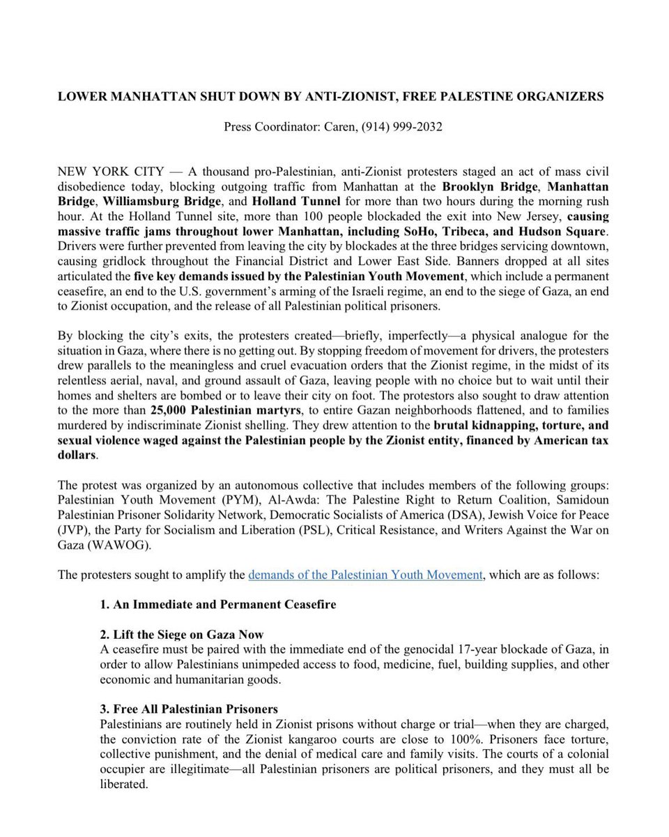 🚨 FOR IMMEDIATE RELEASE: Lower Manhattan Bridges and Tunnel Shut Down by Anti-Zionist, Pro-Palestine Organizers 🚨 

drive.google.com/file/d/1lwhpAj…