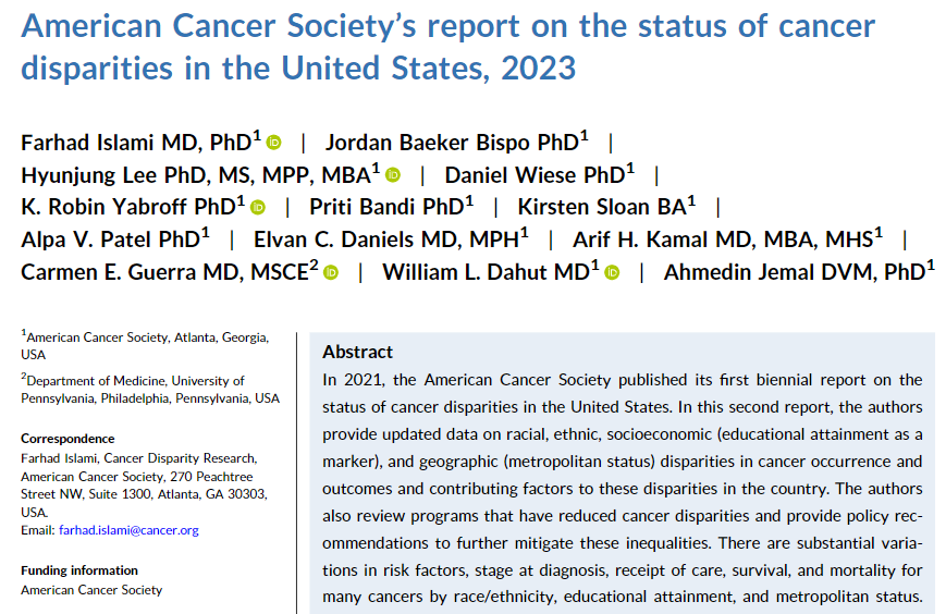 Our #CancerDisparities report shows that by years of education, overall cancer mortality rates were ~1.6–2.8 times higher in ppl w/ ≤12 years of education than those w/ ≥16 years of education among Black & White men & women from 2016-2020. Learn more: acsjournals.onlinelibrary.wiley.com/doi/full/10.33…