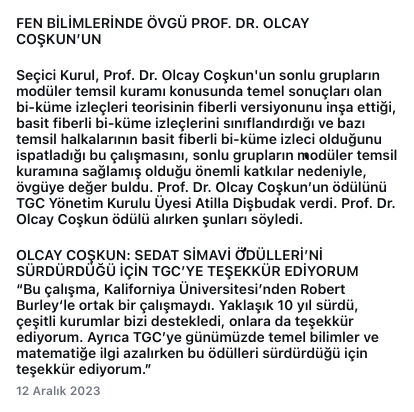 Olcay Coşkun Hocamız Sedat Simavi ödülünü almış. Kendisini kutlarız.
