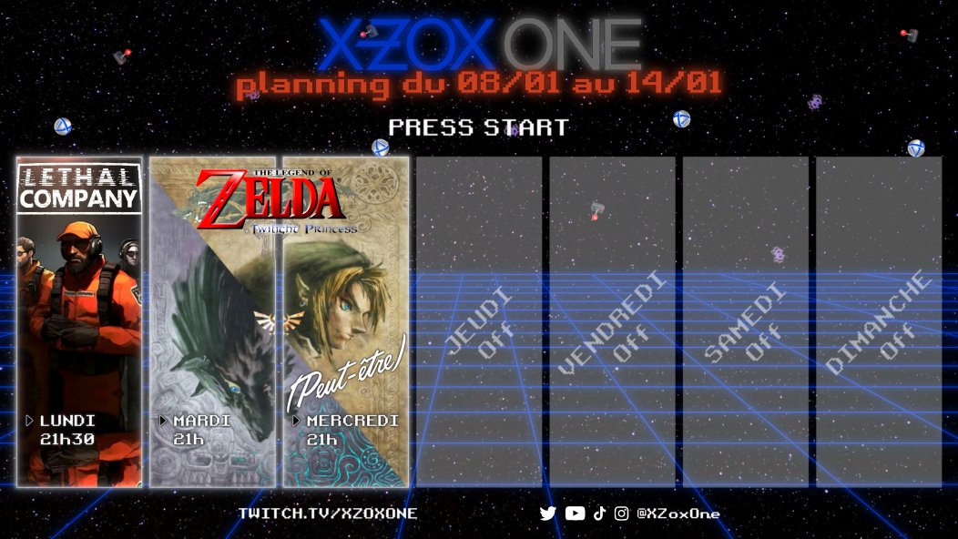🕹️ ・ ℙ𝕝𝕒𝕟𝕟𝕚𝕟𝕘 𝕕𝕦 𝟠 𝕒𝕦 𝟙𝟜 𝕛𝕒𝕟𝕧𝕚𝕖𝕣 𝟚𝟘𝟚𝟜 ・ 🕹️
Lundi
C’est la soirée du lundi sur #lethalcompany  avé les copaings
21h30

Mardi peut être Mercredi
Retour vers 2006 sur #TheLegendOfZelda : Twilight Princess
21h

▶️twitch.tv/XZoxOne🧚‍♀️
#twtich #twitchfr
