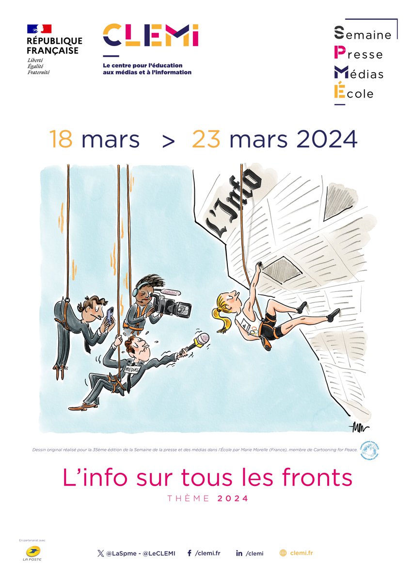 La Semaine de la presse et des médias dans l'École se déroulera du 18 au 23 mars 2024 #SPME2024 !
Objectif : apprendre aux élèves à mieux décrypter l’univers des médias et leurs enjeux.

🗓️ Écoles, collèges, lycées : les inscriptions ont lieu du 10 janvier au 10 février ↓