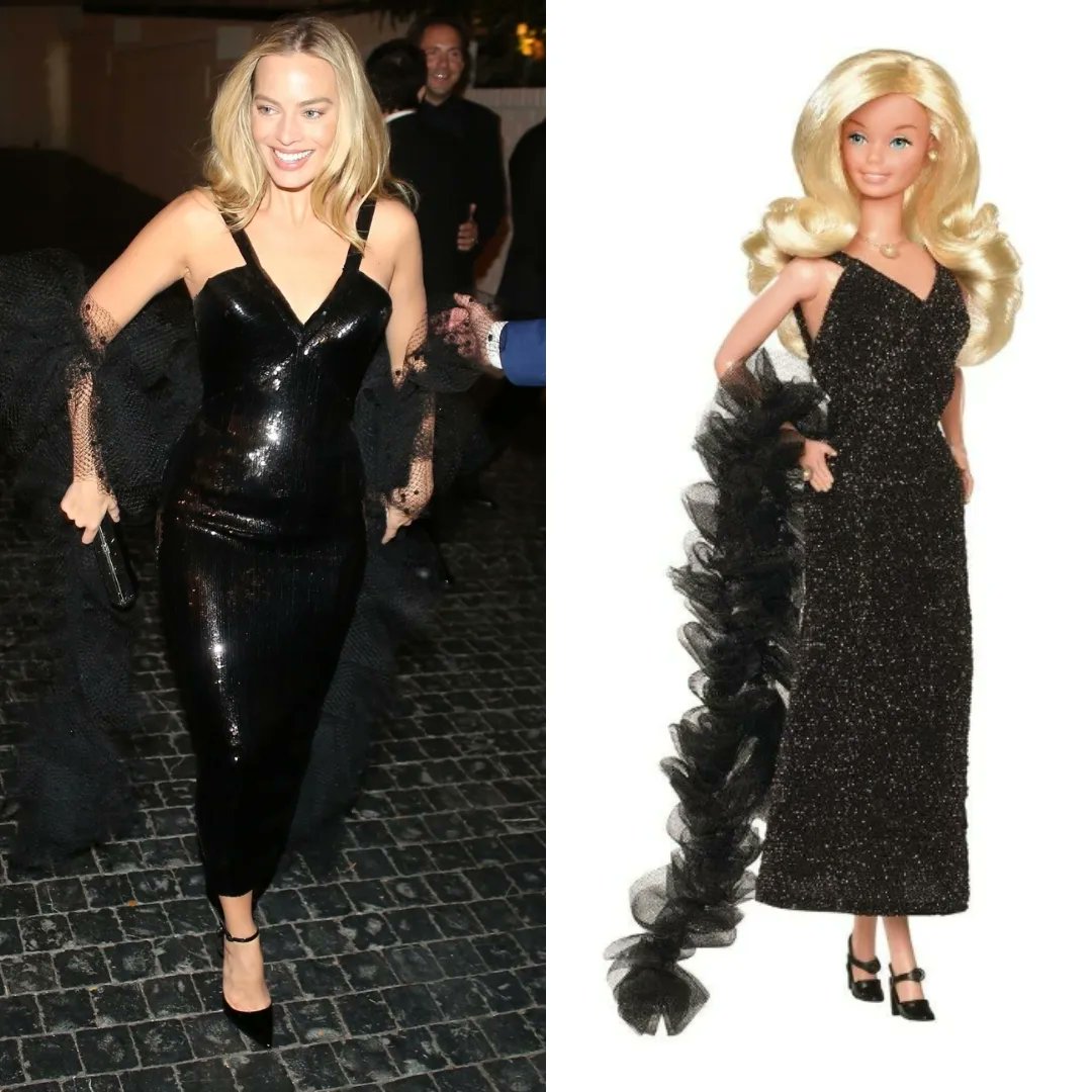 HugoGloss's tweet photo. As referências do "plastic world" não param! 👛  Depois de surgir belíssima no red carpet do #GoldenGlobes, com um look pink inspirado na #BarbieSuperStar, Margot Robbie foi para a afterparty usando a versão all black do vestido. Uma verdadeira boneca! 💕 A gente ama que mesmo após o lançamento de #Barbie, Margot segue entregando MUITO nas produções! Gostaram? (📸: Roger/Backgrid)