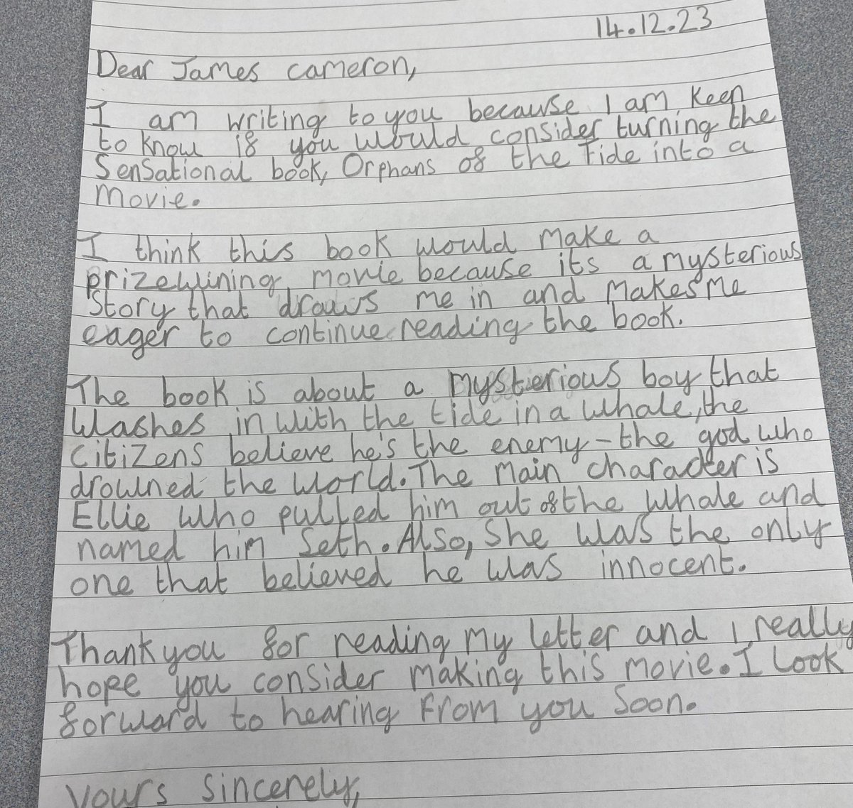 Hi <a href="/JimCameron/">James Cameron</a> We have been reading Orphans of the Tide by Struan Murray. We are in LOVE and think it would be an epic film. The children have written some letters to try to persuade you to work your magic to turn this sensational book into a film. Would love to get them to you!