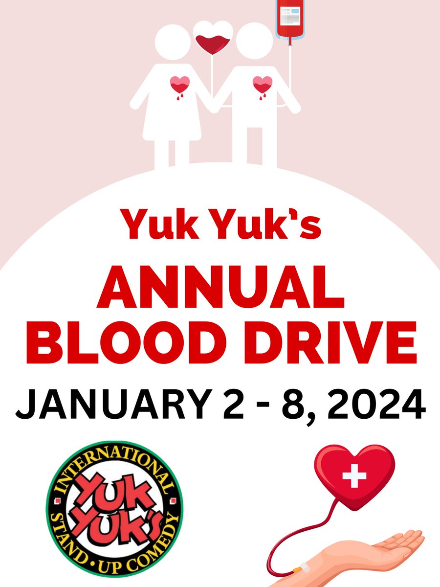 PLEASE RT! FINAL DAY! Yuk Yuk's 4th Annual New Year's Blood Donor Clinic is HAPPENING NOW! January 2nd-8th, 2024 @ 1575 Carling Ave. Please make an appointment to give by calling 1 888 2 DONATE or online at blood.ca! Thank you ❤ Graphic @mikewoodottawa #Ottawa