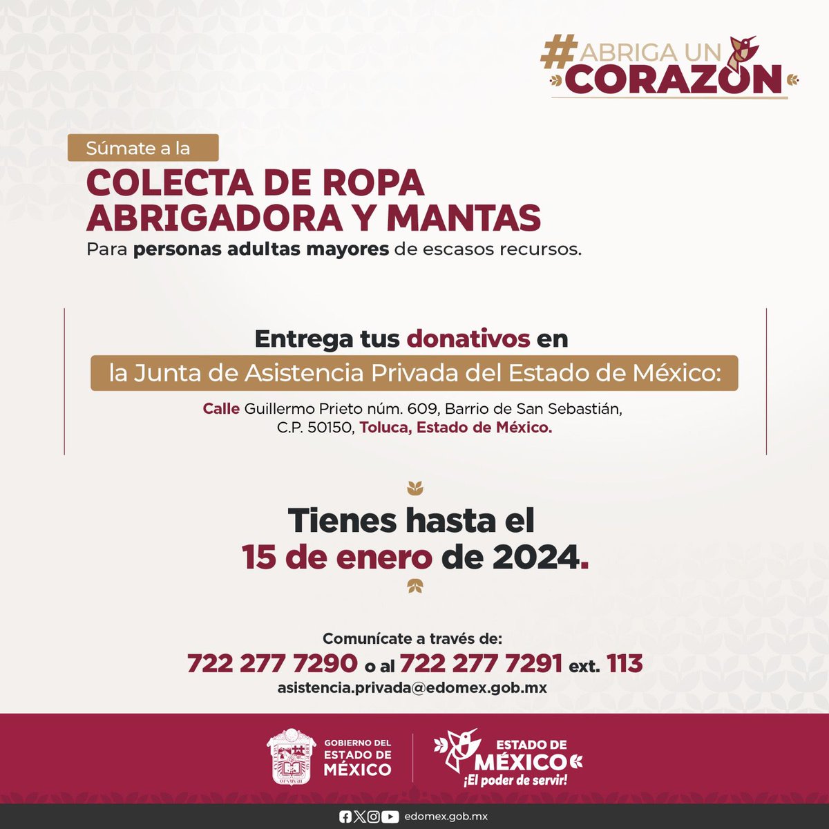Tú puedes ayudar para que nadie pase frío. #BienestarParaTodos, ayuda donando ropa abrigadora nueva y en buen estado.
Para más información envía un correo a:
🌐 asistencia.privada@edomex.gob.mx 
#ElPoderDeServir 
<a href="/BienestarEdoMx/">Secretaría de Bienestar</a> 
<a href="/JAP_EdoMex/">Junta de Asistencia Privada del Estado de México</a>
