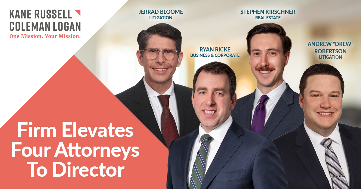 #KRCL congratulates Jerrad Bloome, Stephen Kirschner, Ryan Ricke and Drew Robertson on their recent promotion to directors within the firm. tinyurl.com/34byzdv9. 

One Mission. Your Mission. 

#WeAreKRCL #TeamKRCL #LeadersInLaw #LawFirmLife #LawyerLife