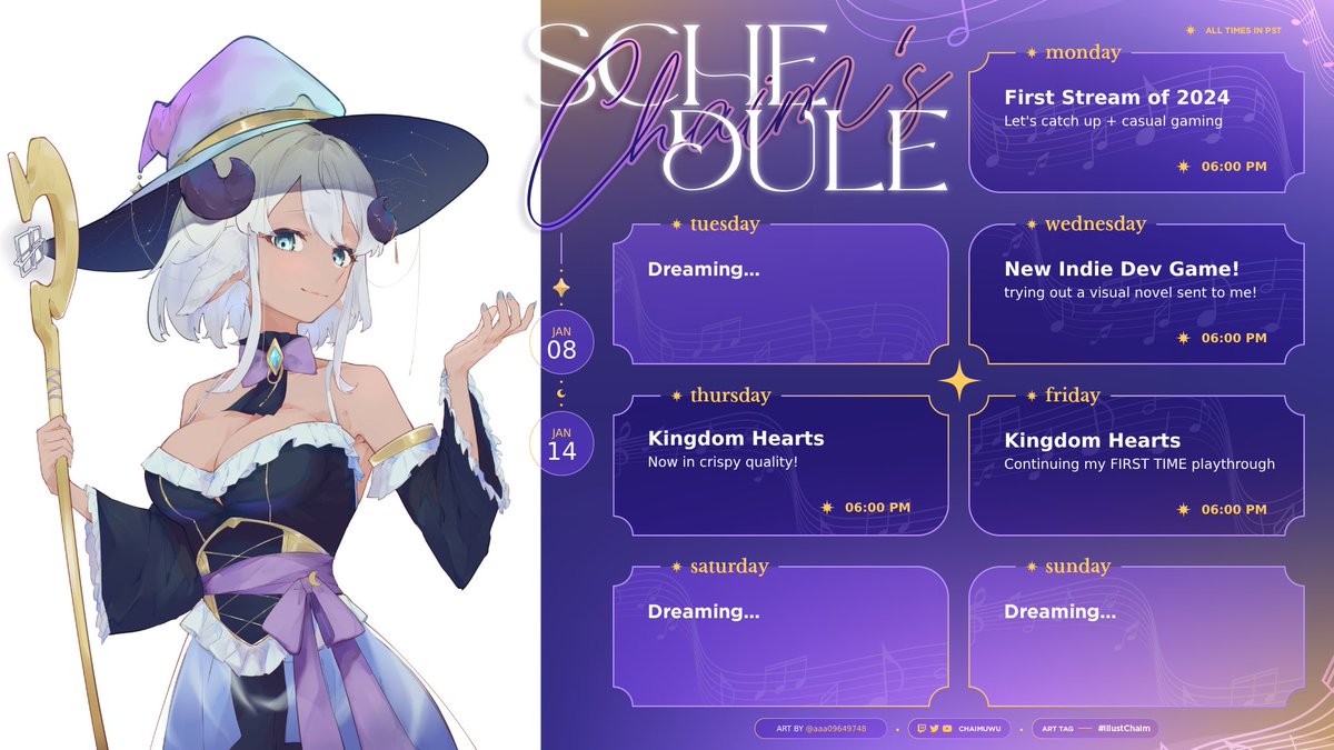 chaimuwu's tweet photo. ✧ Schedule for Jan 08 - Jan 14 ✧

Welcome back to your regularly scheduled program! Happy to be back to streaming in this new year ~ YIPPEEEE!! LETS  HAVE FUN!!

https://t.co/HKowZHyaaG

—————✧—————
#ChaimTable #vtuber #ENvtuber https://t.co/GuwYkScSId