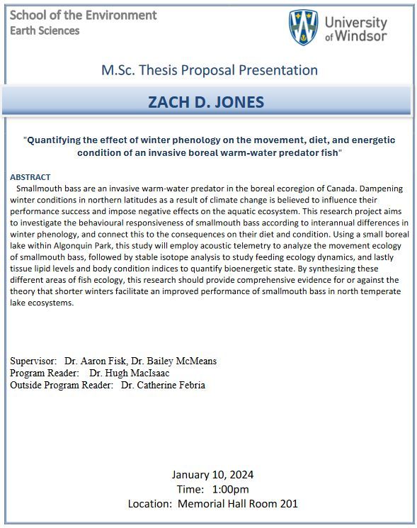 EESWindsor's tweet photo. Please join us as Zach Jones presents his MSc. thesis proposal presentation: "Quantifying the effect of winter phenology on the movement, diet and energetic condition of an invasive boreal warm-water predator fish" on Wed. Jan. 10th at 1:00pm, room 201 Memorial Hall. https://t.co/5xjt8E2VJ5