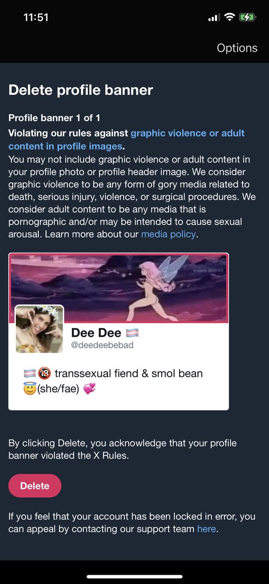 deedeebebad's tweet photo. well folks i woke up today to find that X locked my account over a cartoon banner (resolved for now) and limited my reach. Find me on reddit cuz this site is only getting worse for trans people, especially adult content creators. thanks, I hate it here anyway! :) https://t.co/q7JpSRxfLC