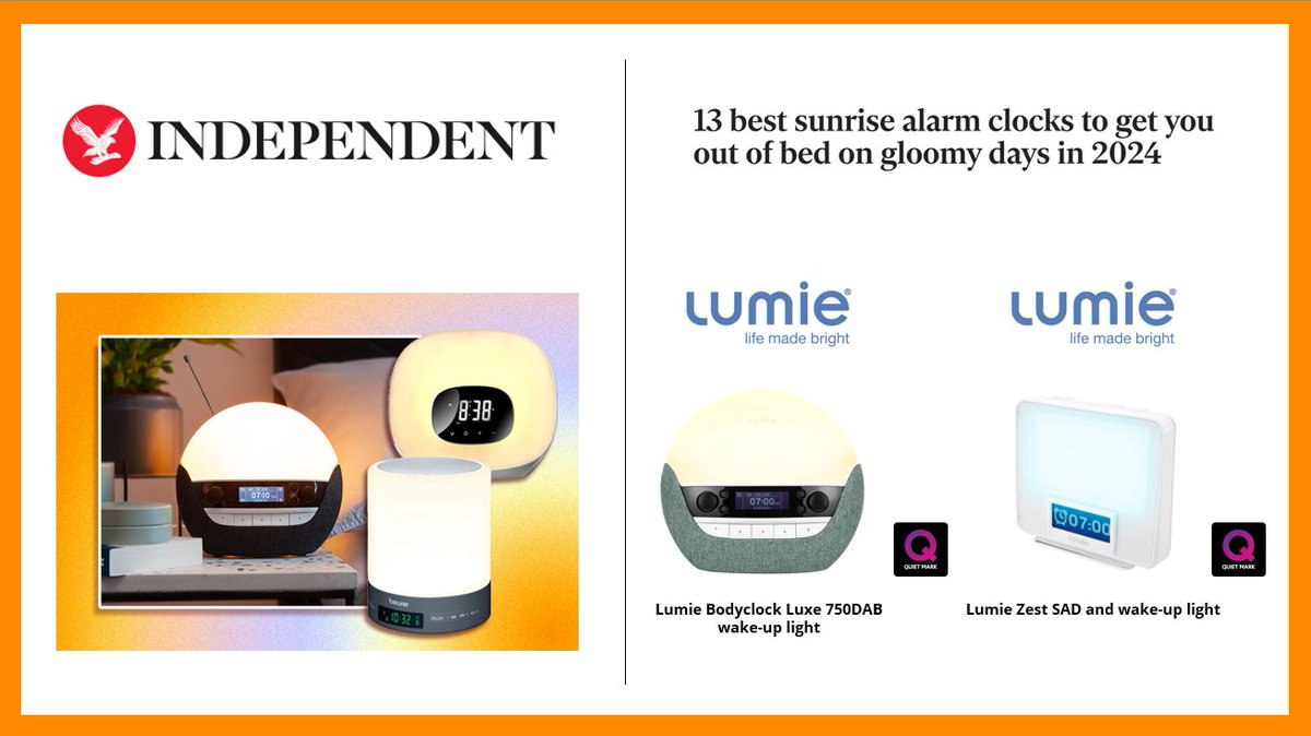 Check it's Quiet before you buy it with the @Independent's Best sunrise alarm clocks to get you out of bed on gloomy days in 2024. The article features two Quiet Mark certified wake-up lights by @Lumie_lights Read the article in full here: bit.ly/3Hhwdhb #quietmark