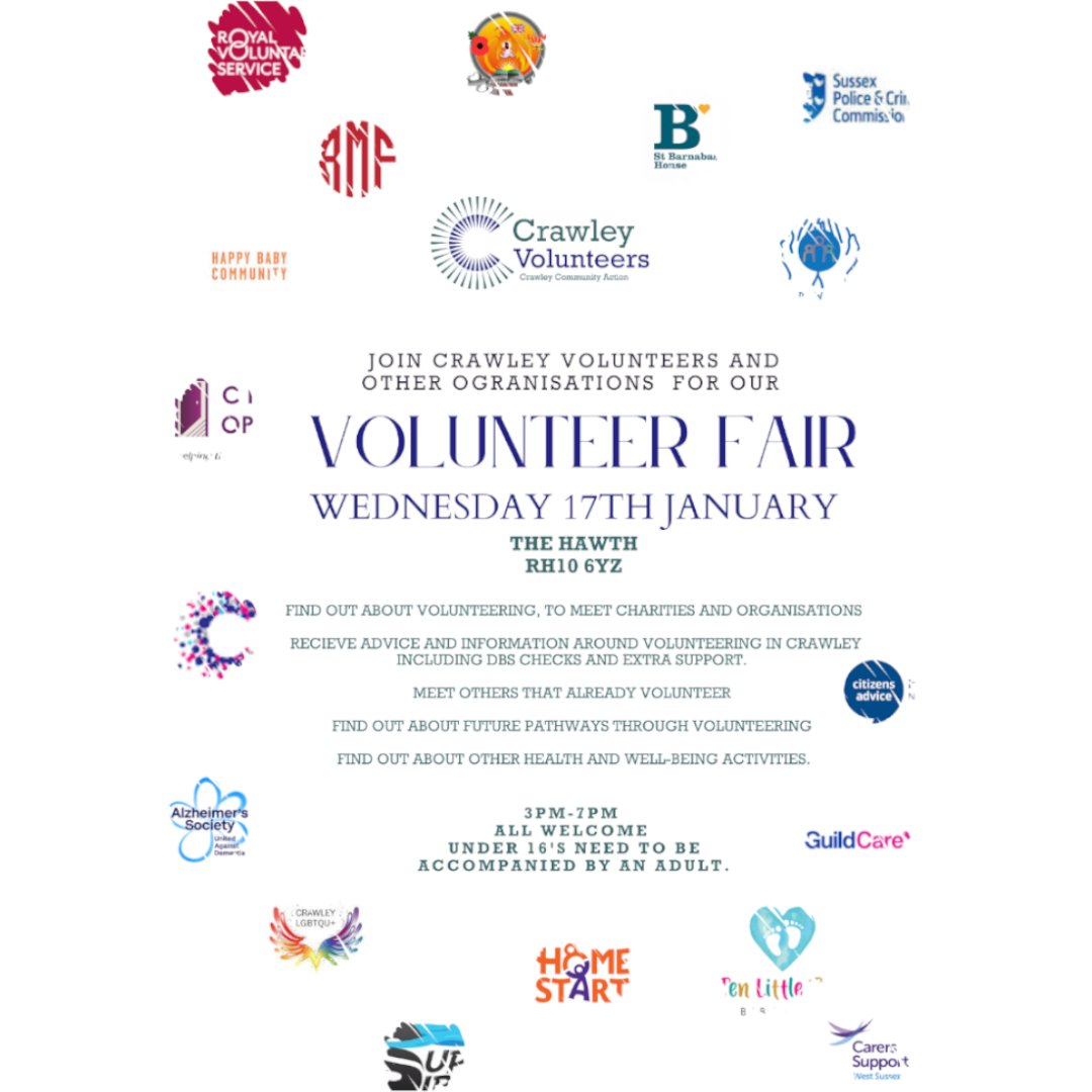 Interested in volunteering for one of the many great local charities locally? Or just want to find out more about their work? Pop along to the Hawth on Weds 17th January between 3 pm and 7 pm

#charity #volunteer #support