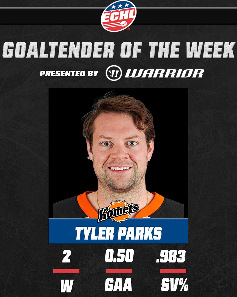 ECHL's tweet photo. Tyler Parks of the @FWKomets is the @WarriorHockey  #ECHL Goaltender of the Week for Jan. 1-7. It is the third time in his career that he has received the weekly honor😁 https://t.co/4oPaszPDHE