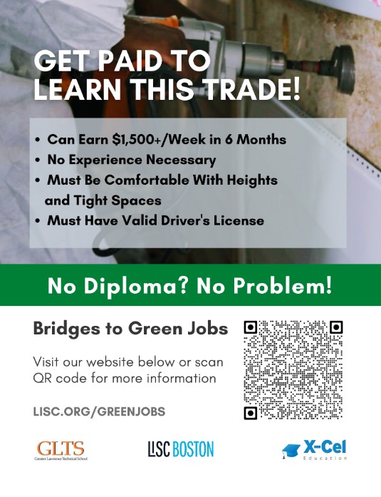 ⭐️Bridges to Green Jobs in Greater Lawrence! Earn over $1,500+/week learning a trade. @LISC_BOSTON has announced Bridges to Green Jobs with Greater Lawrence Technical School to run 2/20 - 3/2. Learn more here: rb.gy/xyj9i8 #greenjobs #GreenInitiatives