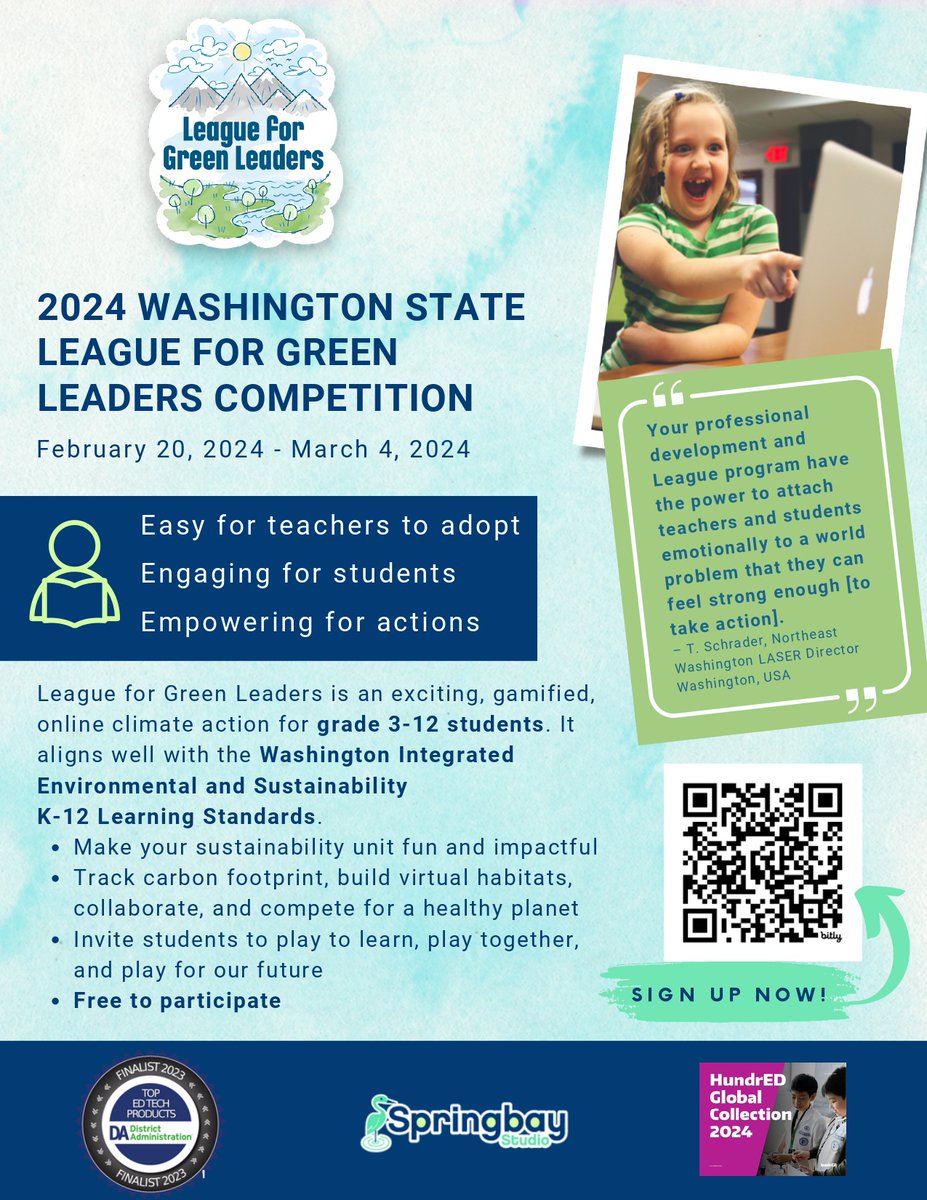 SpringbayStudio's tweet photo. Our #NewYearResolutions start with supporting Washington educators with a statewide League for Green Leaders competition
📌Save the date: Feb.20-Mar.4, 2024
📌Sign up: https://t.co/n2Lq6PzPi0
Share this fun event with people you know @newesdnews #LFGL https://t.co/mBacdGvZBA